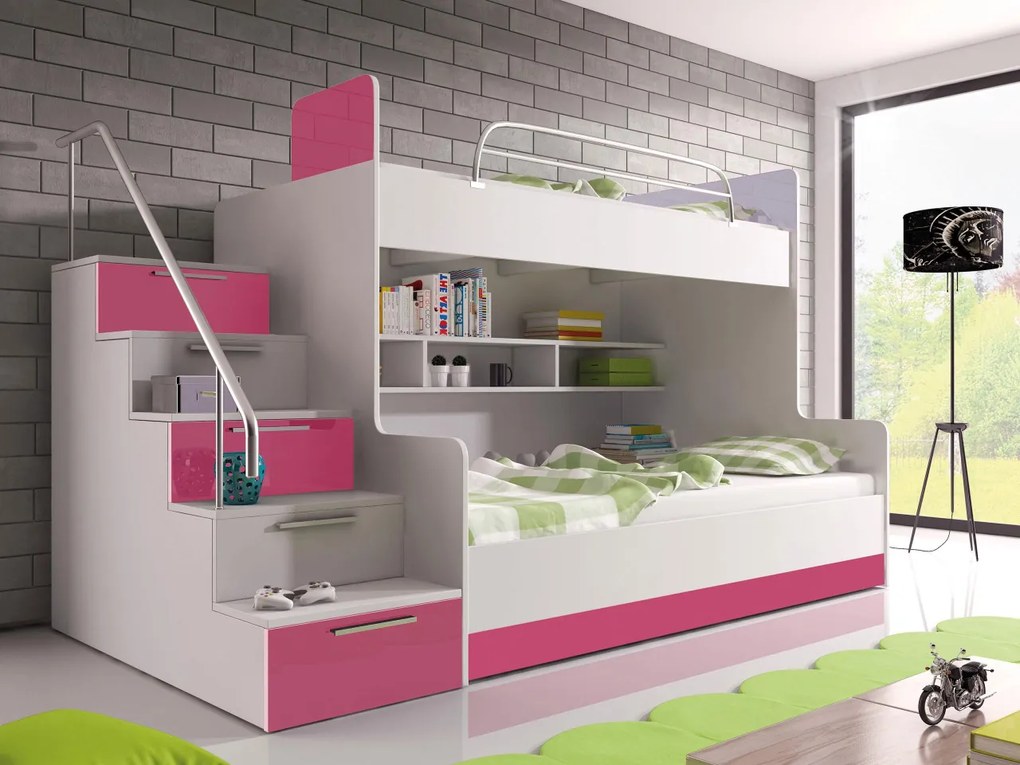 Poschodová posteľ Paradise II, Farby: biela / biely lesk + šedý lesk, Strana: ľavá