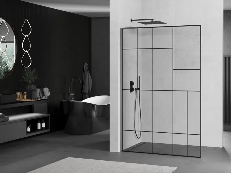 Mexen Kioto L, sprchová zástena Walk-In 110 x 200 cm, 8mm číre sklo čierny vzor, grafitový profil, 800-110-103-95-78