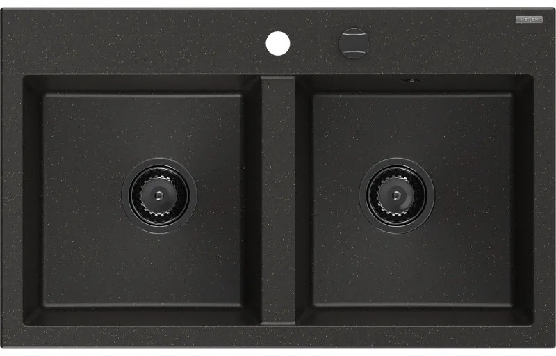 Mexen Hektor, 2-komorový granitový drez 800x480x205 mm, čierna-zlatá metalíza, grafitový sifón, 6521802000-75-B