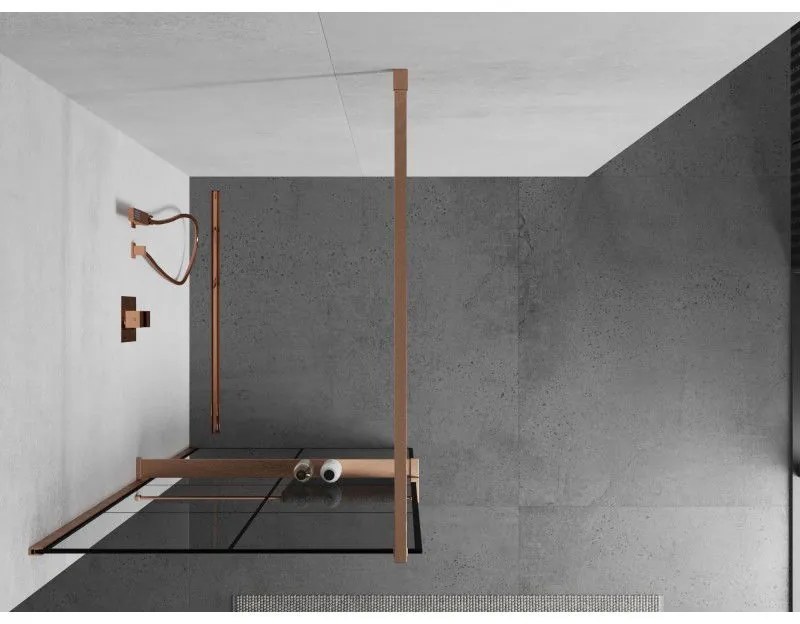 Mexen Kioto+, sprchová zástena Walk-In s poličkou a vešiakom 90 x 200 cm, 8mm číre sklo čierny vzor, medený matný profil, 800-090-121-65-77