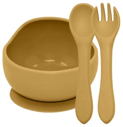 Set jedálenský silikónový TAKE&MATCH 2 ks miska + príbor Intense Ochre 6m+