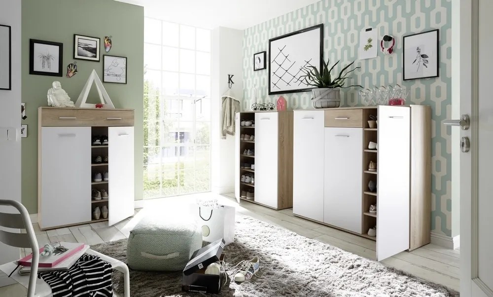 Komoda s policami/botník Manolo 136 cm, dub sonoma/biela