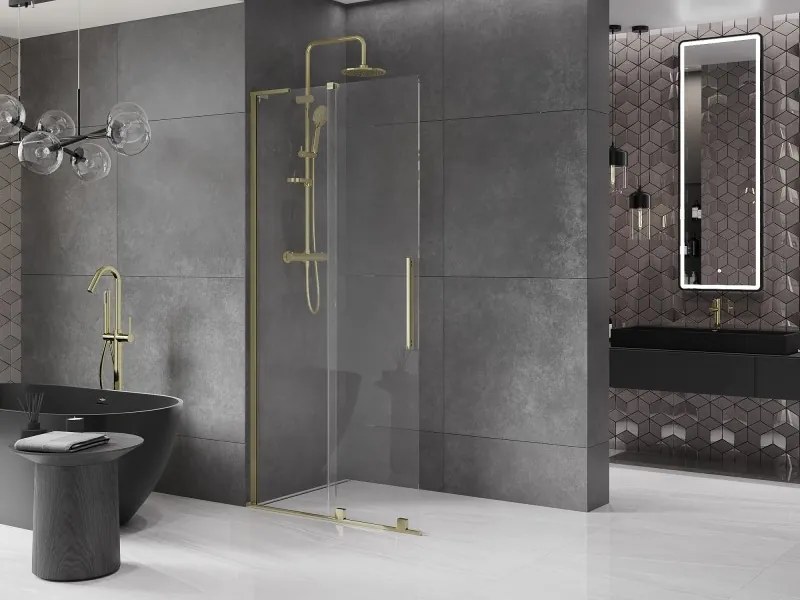 Mexen Velar L, posuvná sprchová zástena Walk-in 110 x 200 cm, 8mm číre sklo, zlatá lesklá, 871-110-003-03-50