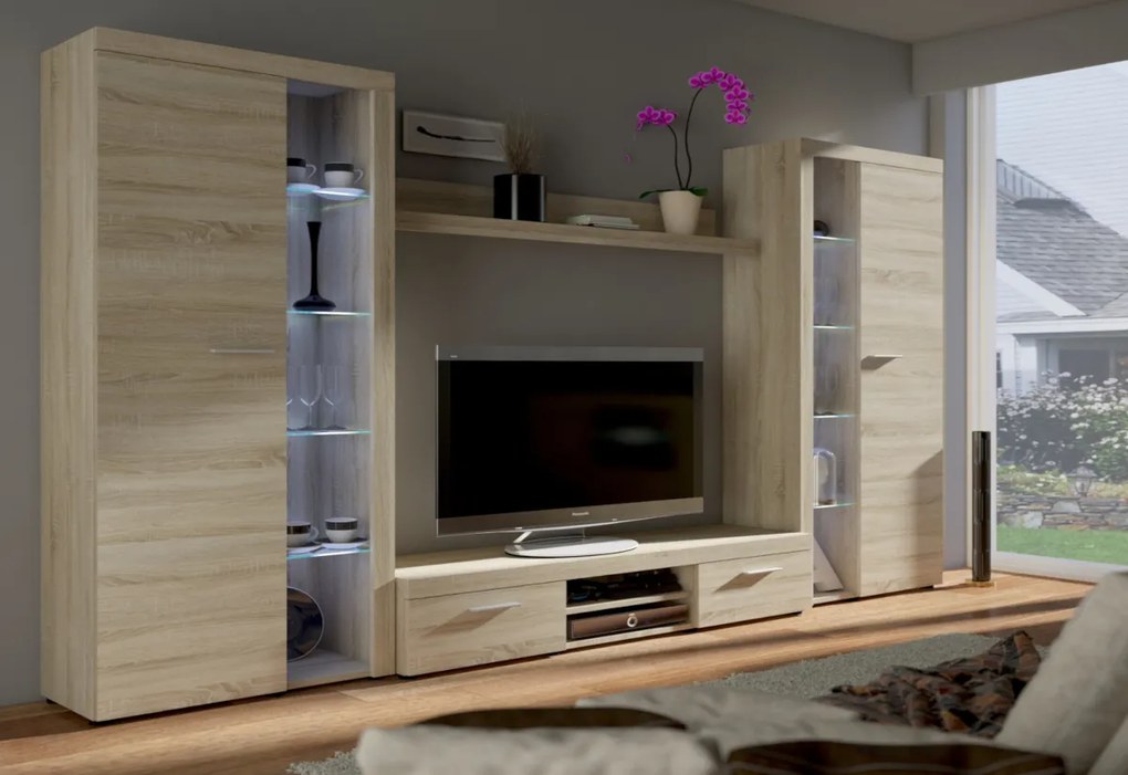 Obývacia stena RUMBA XL, 300x190x34, sonoma + LED osvetlenie