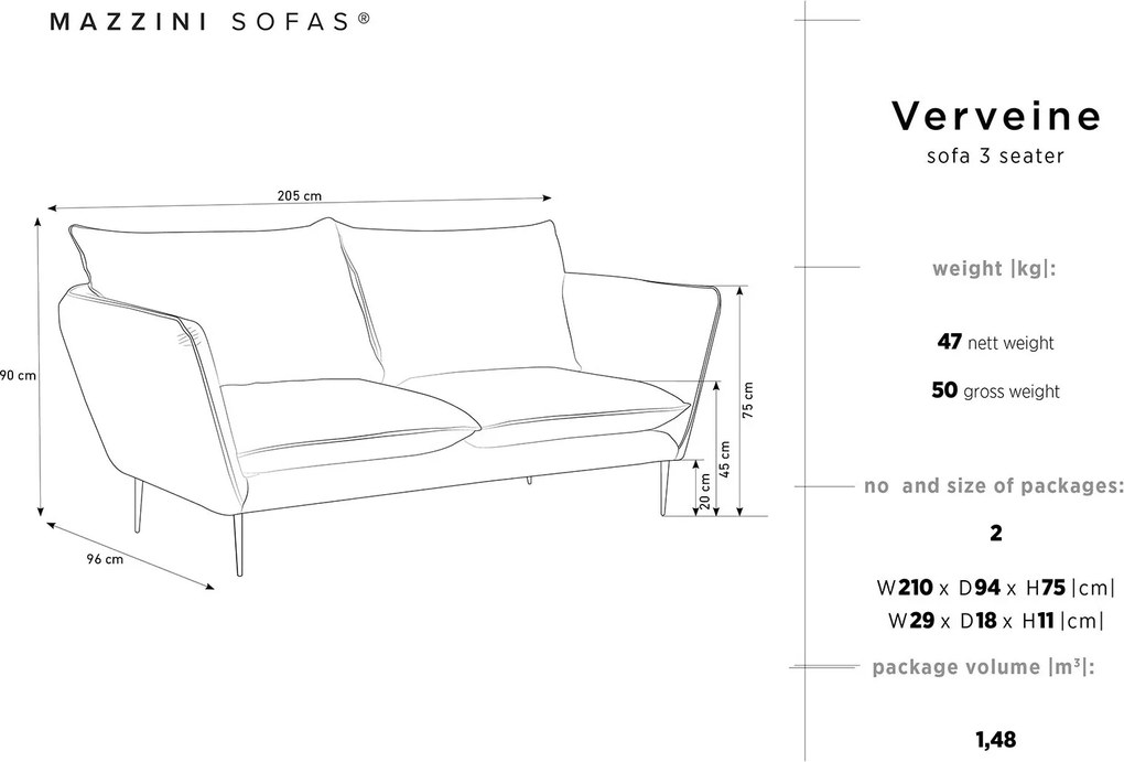 MAZZINI SOFAS Trojmiestna pohovka Verveine 205 × 90 × 96 cm