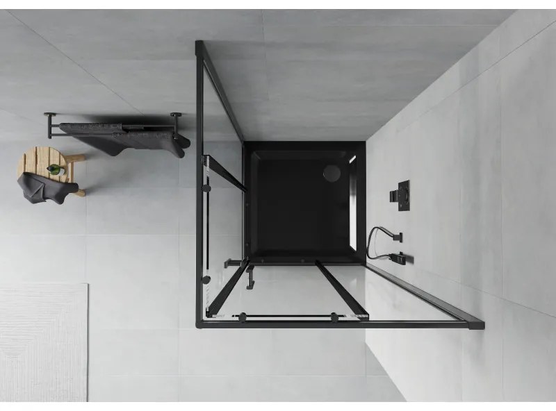 Mexen Rio, štvorcový sprchovací kút s posuvnými dverami 70(dvere) x 70(dvere) x 190 cm, 6mm číre sklo námraza, čierny profil + čierna sprchová vanička SLIM, 860-070-070-70-00-4070B
