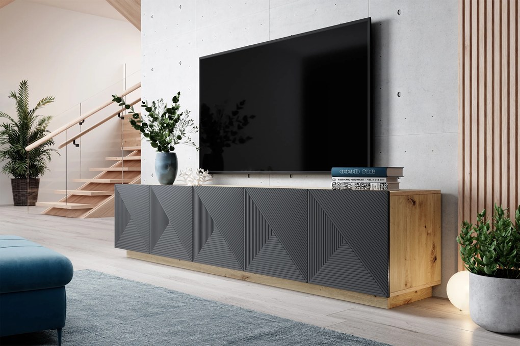 TV stolík Asha 200 cm na sokli - artisan / rivier stone mat
