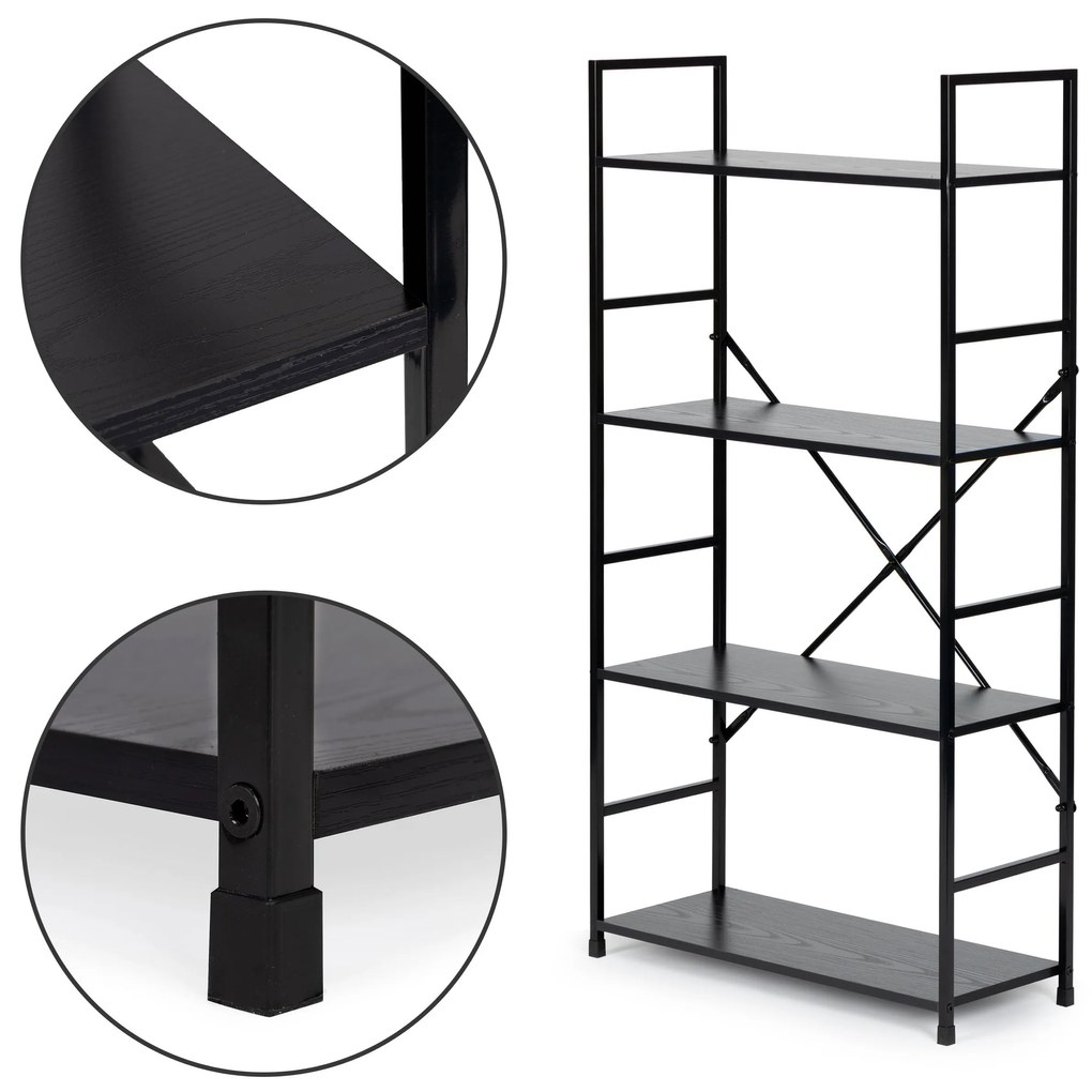 Moderný široký drevený regál so 4 policami LOFT čierny T36038