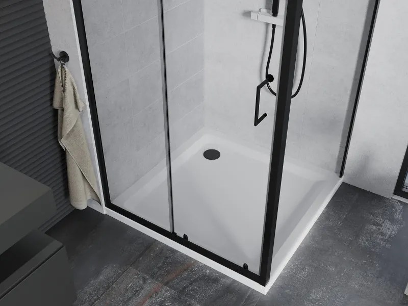 Mexen Apia, sprchový kút s posuvnými dverami 90 (dvere) x 90 (stena) cm, 6mm číre sklo, čierny profil + biela sprchová vanička, 840-090-090-70-00-4010B
