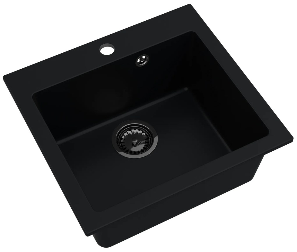 Sink Quality Ferrum 50, kuchynský granitový drez 490x450x195 mm + čierny sifón, čierna, SKQ-FER.C.1K50.XB