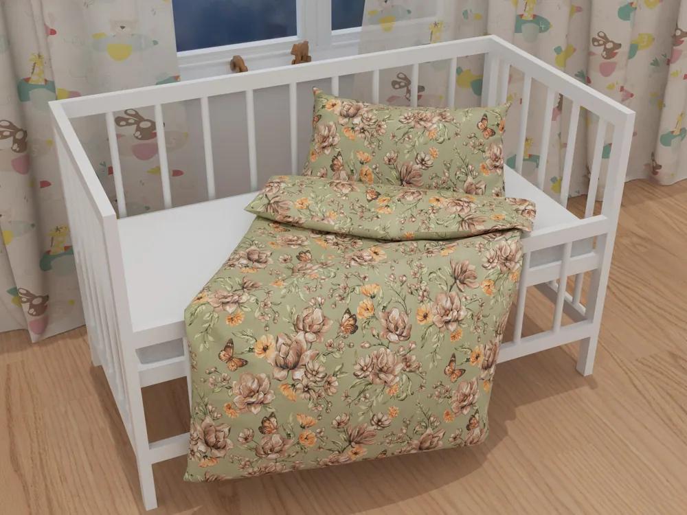 Biante Detské bavlnené posteľné obliečky do postieľky Sandra SA-472 Hnedé kvety magnólie na zelenom Do postieľky 90x120 a 40x60 cm