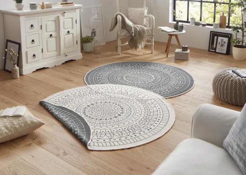 NORTHRUGS - Hanse Home koberce Kusový koberec Twin-Wendeteppiche 103143 creme grau – na von aj na doma - 100x100 (priemer) kruh cm