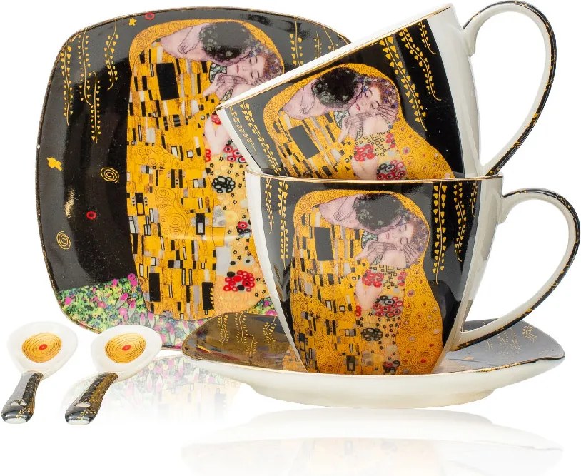 HOME ELEMENTS Porcelánová šálka a podšálka 2 x 250 ml, Klimt Bozk, tmavý