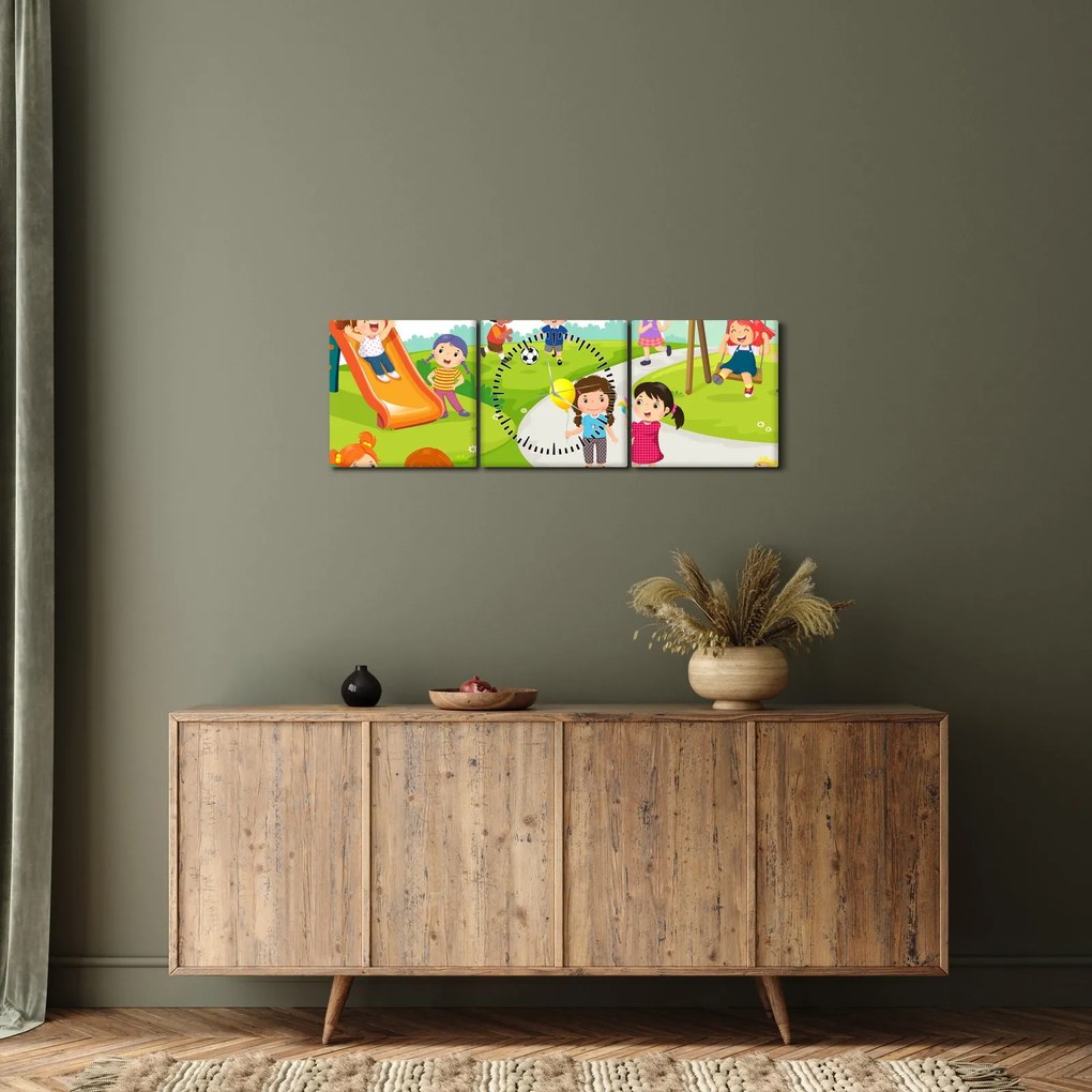 Obraz detských radovánok na pieskovisku (s hodinami) (90x30 cm)