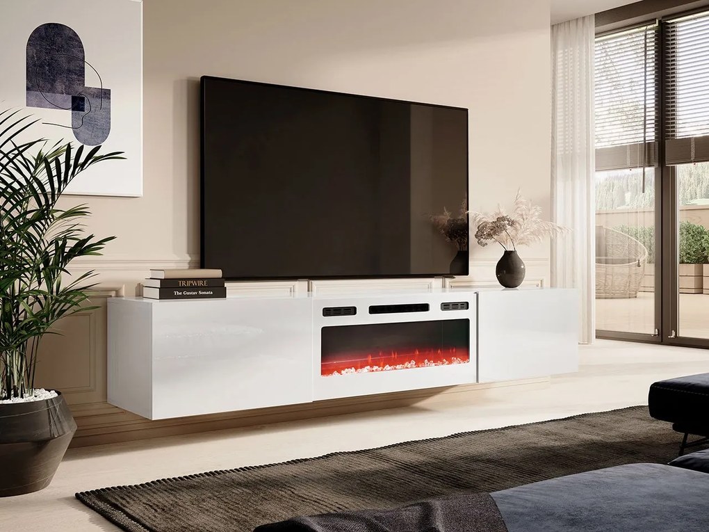 TV skrinka Koda 200 s krbom, Farby: čierny / čierny lesk, Krb: biely