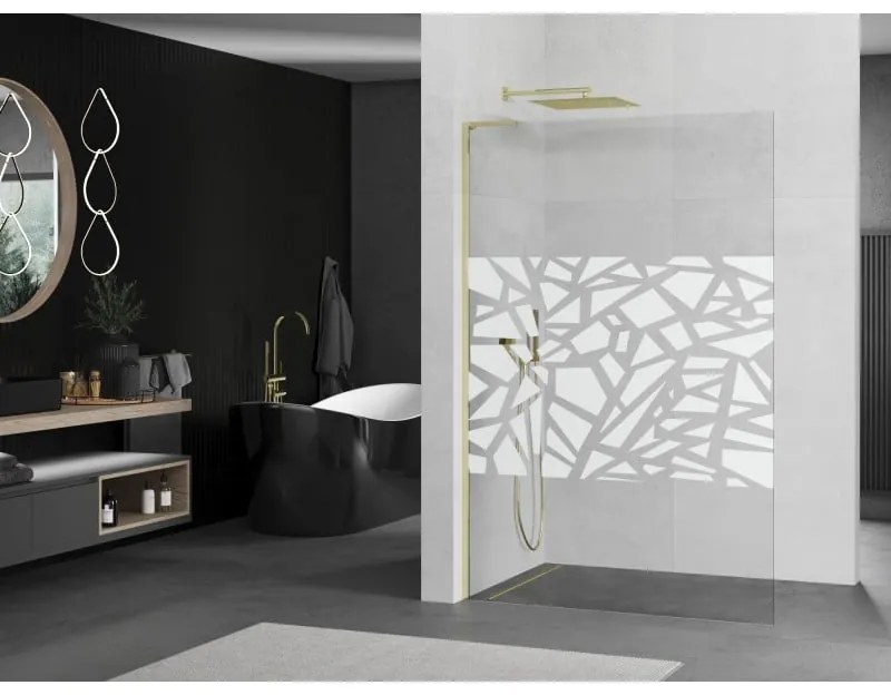 Mexen Kioto L, sprchová zástena Walk-In 120 x 200 cm, 8mm číre sklo biely vzor, zlatý lesklý profil,800-120-103-50-78