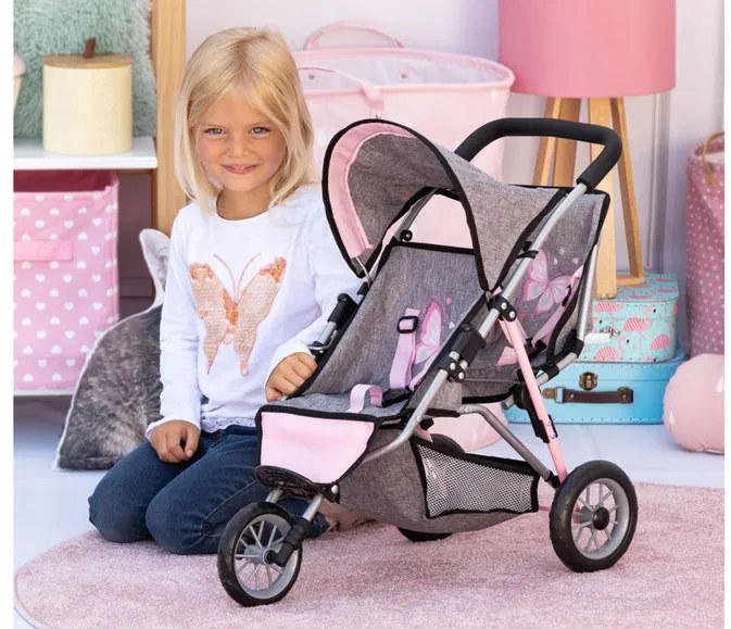 Bayer Design Kočík pre bábiky dvojičky Duo (sivá/bledoružová) (100355100)