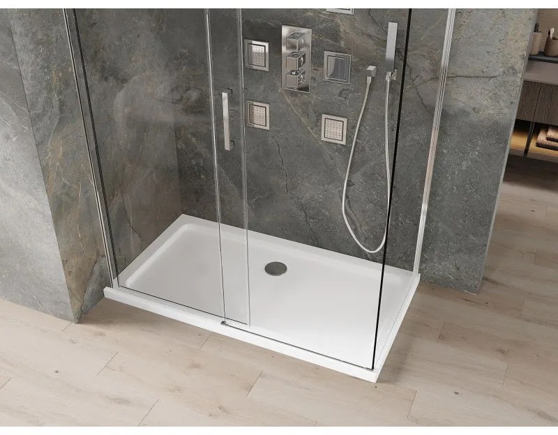 Mexen Omega, sprchovací kút s posuvnými dverami 130 (dvere) x 70 (stena) cm, 8mm číre sklo, chrómový profil + slim sprchová vanička 5cm, 825-130-070-01-00-4010