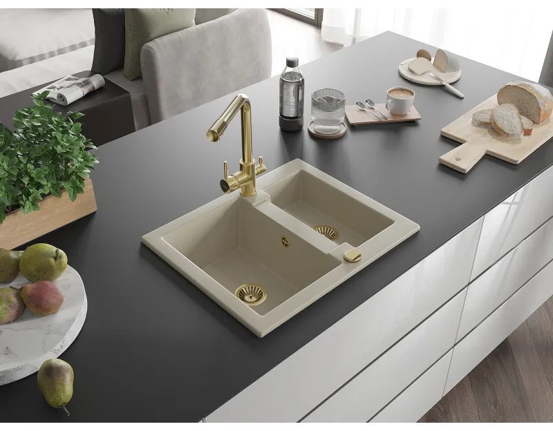 Mexen Carlos, 1,5-komorový granitový drez 582x475x177 mm a drezová batéria Duero, béžová, 6518-69-671600-50