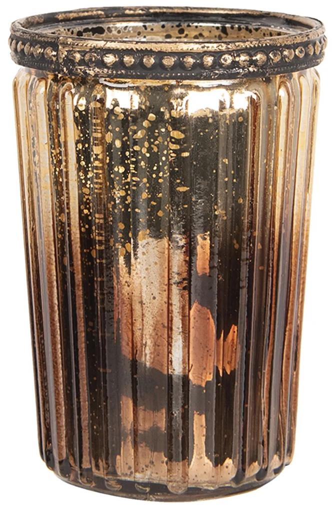 Hnedý sklenený svietnik na čajovú sviečku s kovovým zdobením -  Ø 7*10 cm