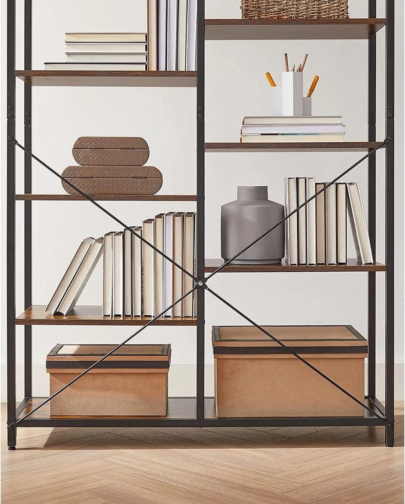 Úložný regál s oceľovým rámom 5-úrovňový, knižnica, rustikálny hnedý