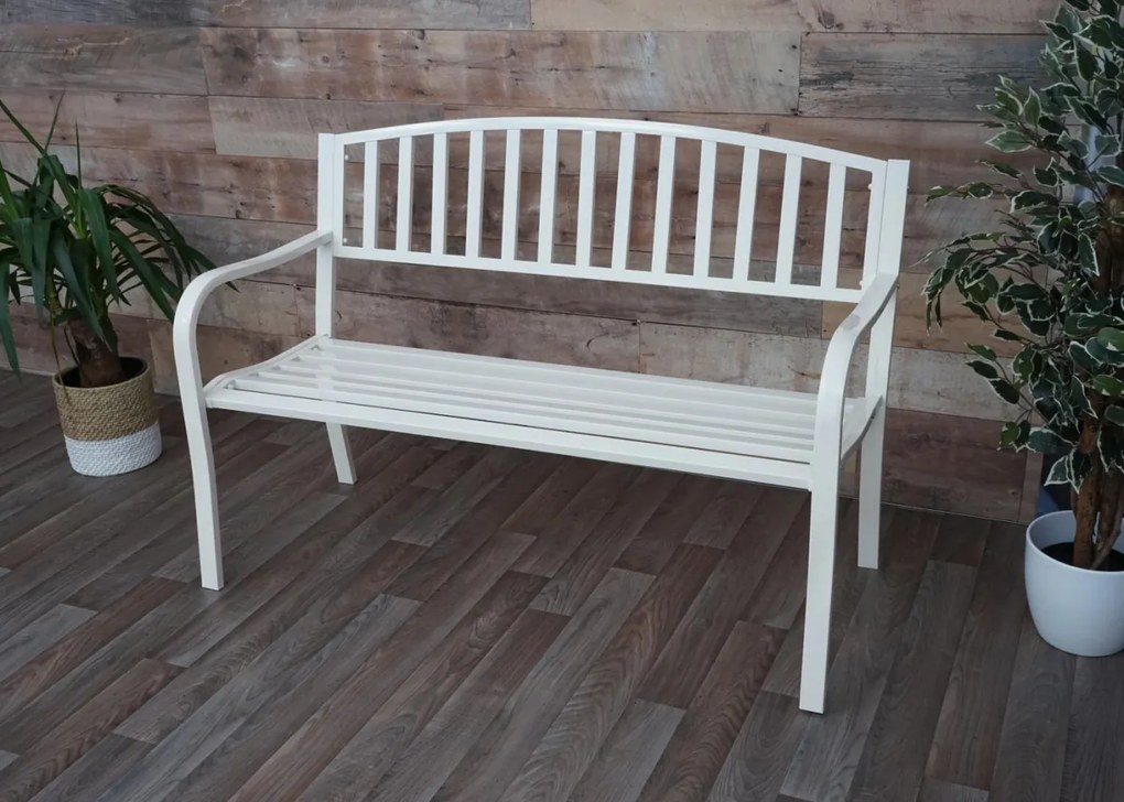 Záhradná lavička F43 2-miestna - práškovaná oceľ, 128 cm - Biela