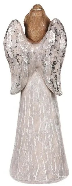 Dekorácia Anjel so striebornými krídlami a srdcom, polyresin, sivá