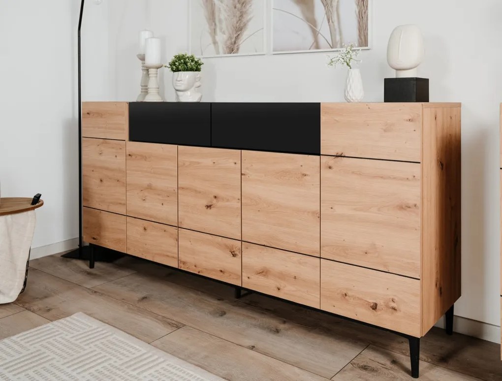 Široká komoda so zásuvkami Nola, dub artisan/čierna