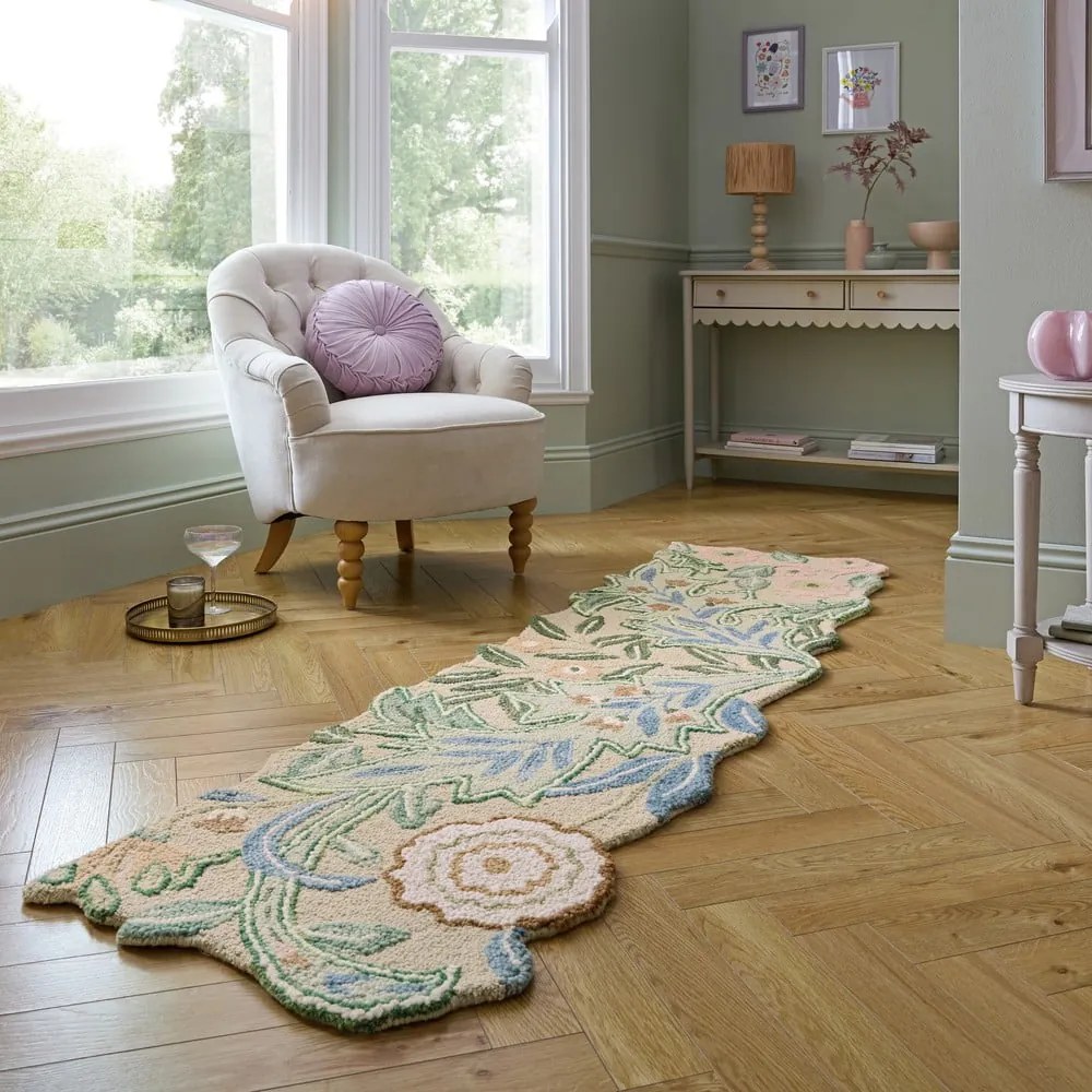 Zelený ručne tkaný vlnený behúň 60x230 cm Bryony Shaped Floral – Flair Rugs