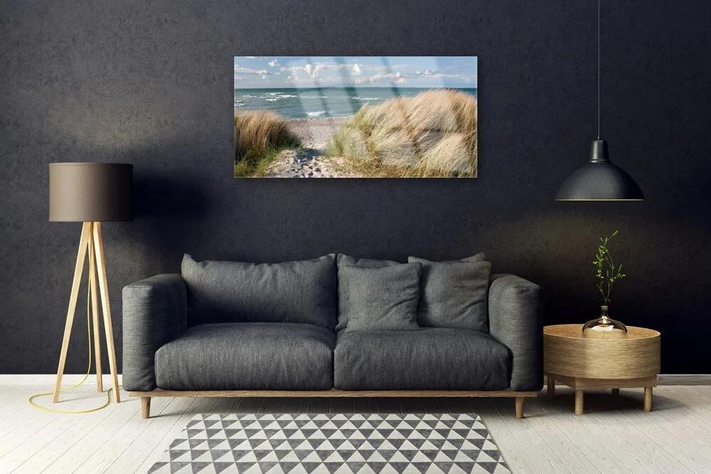 Skleneny obraz Pláž more tráva krajina 120x60 cm