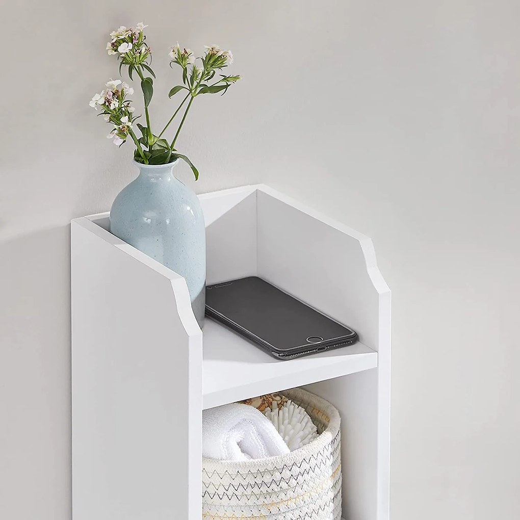 Úzka skrinka s nastaviteľnými policami, kúpeľňová skrinka, biela