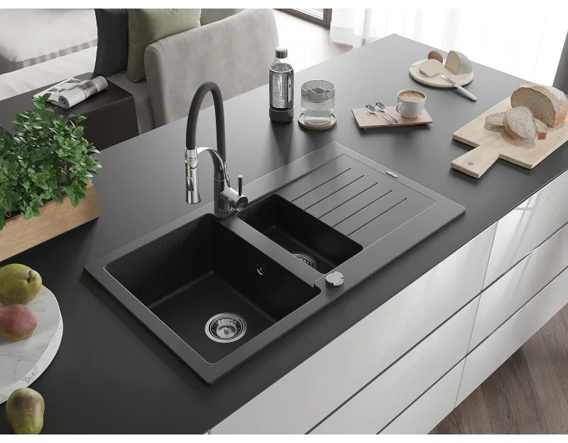 Mexen Matias, granitový drez 900x505x200 mm, 1,5-komorový a drezová batéria Aster, čierna-strieborná metalíza, 6502-73-73450-07