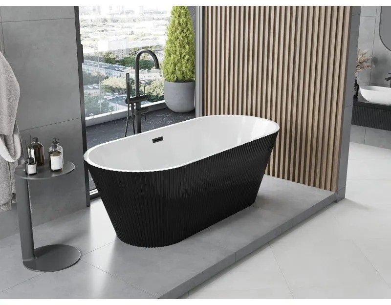 Mexen Yara, voľne stojaca ryhovaná vaňa 170 x 75 cm, biela-čierna, čierny matný prepad, 52861707575-70