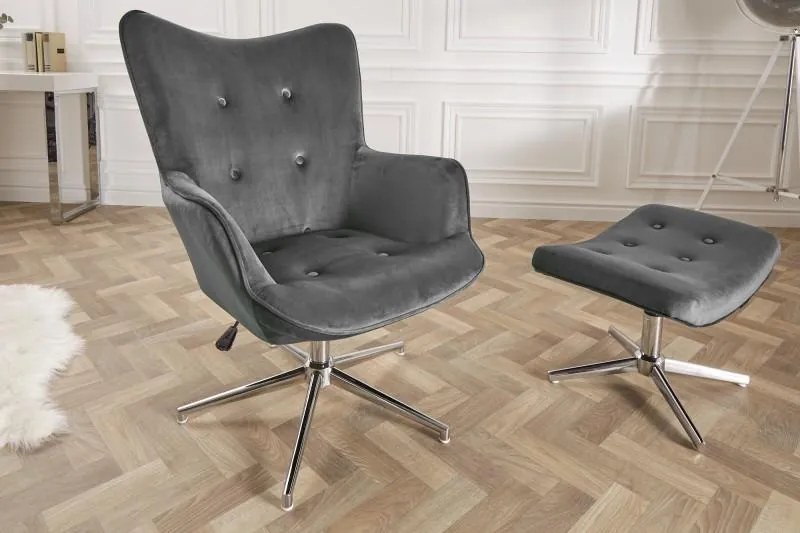 Invicta Interior - Elegantné otočné kreslo MR. LOUNGER výškovo nastaviteľná šedý zamat