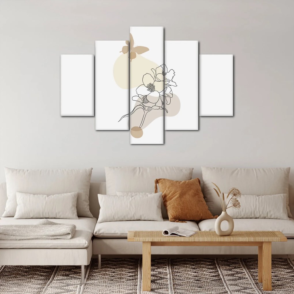 Obraz - Béžové kvety s motýľom N⁰3 (150x105 cm)