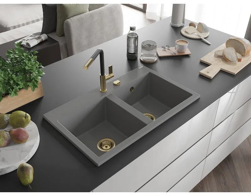 Mexen Hektor, 2-komorový granitový drez 800x480x205 mm, šedá, zlatý sifón, 6521802000-71-G