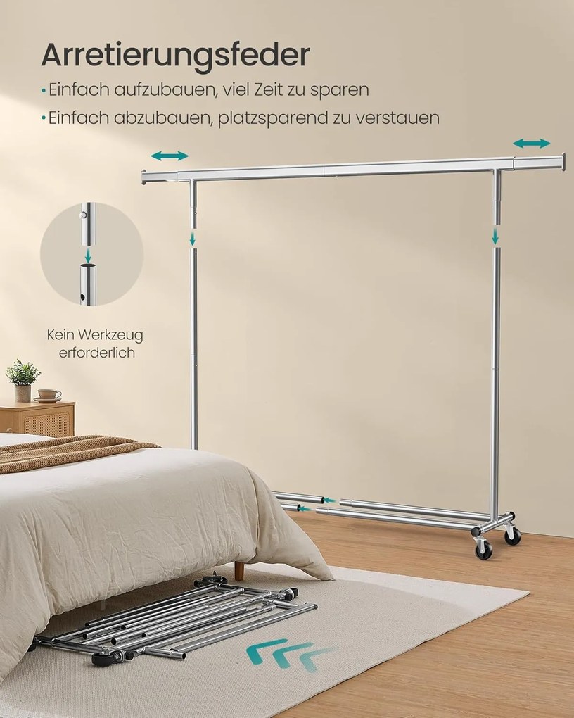 Stojan na šaty, vešiak na oblečenie na kolieskach, nosnosť 150 kg, strieborný