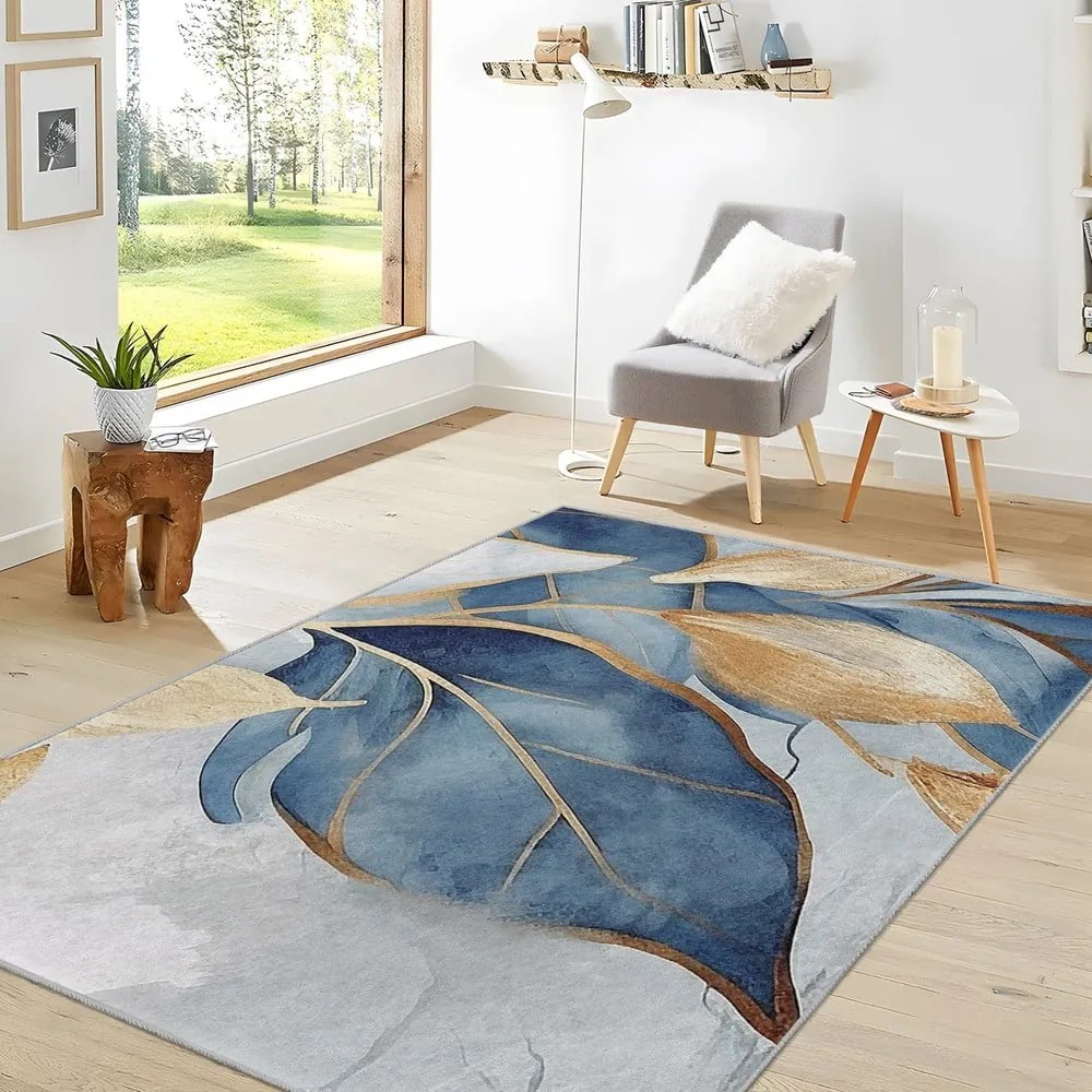 Prateľný behúň v modrej a zlatej farbe 80x200 cm Golden Leaves – Mila Home