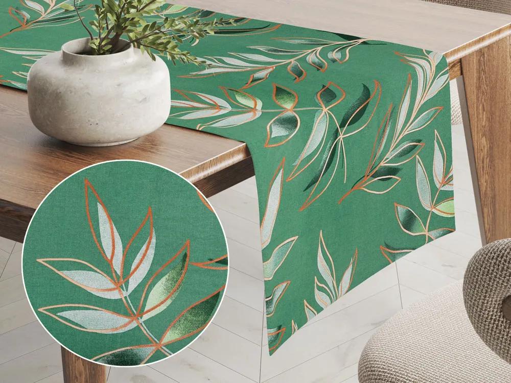 Biante Bavlnený behúň na stôl Sandra SA-435 Popínavé listy na zelenom 20x160 cm