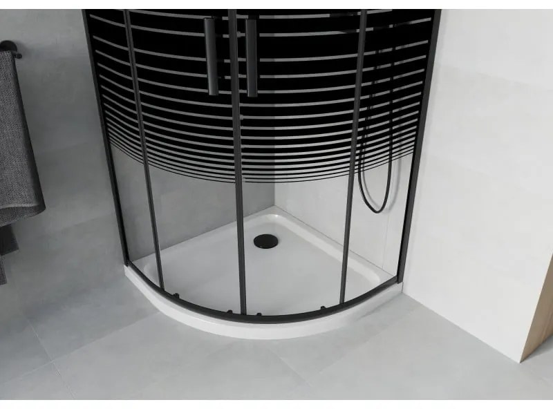 Mexen Rio, štvrťkruhový sprchovací kút s posuvnými dverami 90(dvere) x 90(dvere) x 190 cm, 6mm číre sklo s pásikmi, čierny profil + biela sprchová vanička Slim, 863-090-090-70-20-4110B