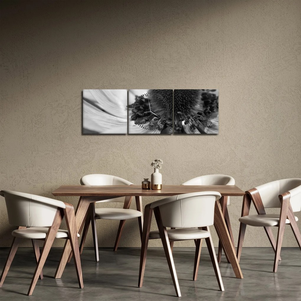 Obraz - Kvetina v čiernobielej (s hodinami) (90x30 cm)