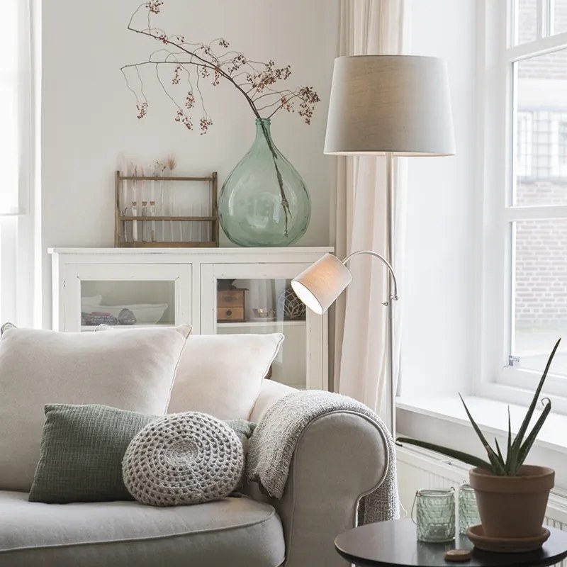 Klasická stojaca lampa oceľ s šedou kapotou a lampou na čítanie - Retro