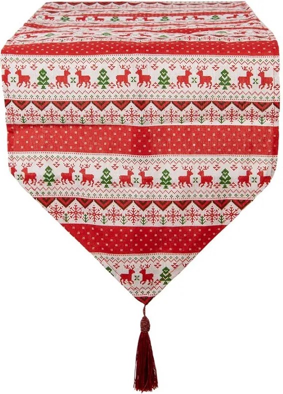 Červený behúň so strapcom a jeleňmi Christmas Rustic - 33*180 cm