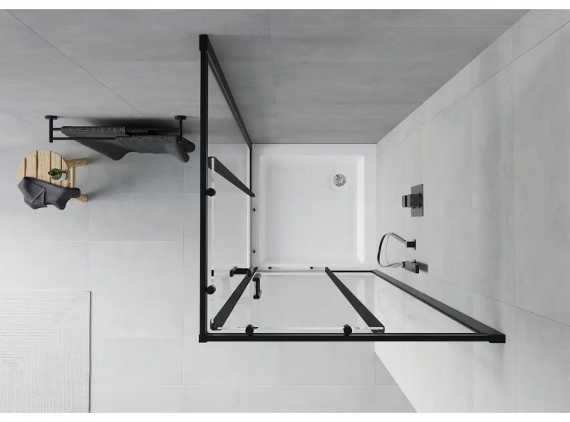 Mexen Rio, štvorcový sprchovací kút s posuvnými dverami 70(dvere) x 70(dvere) x 190 cm, 6mm číre sklo námraza, čierny profil + biela sprchová vanička RIO, 860-070-070-70-00-4510