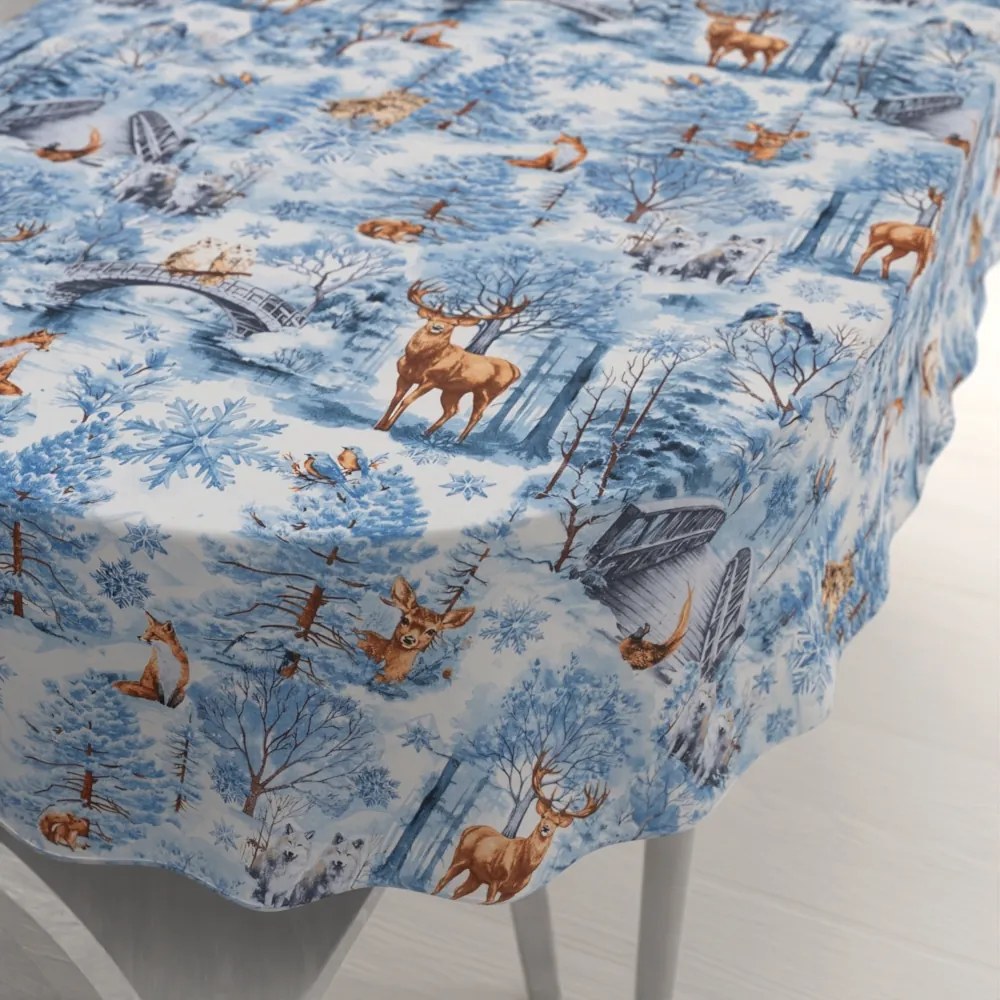 Biante Bavlnený oválny obrus Sandra SA-674 Lesné zvieratá v zimnom lese na modrom 140x220 cm
