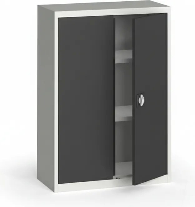 Plechová policová skriňa na náradie KOVONA, 1150 x 800 x 400 mm, 2 police, sivá/tmavo sivá