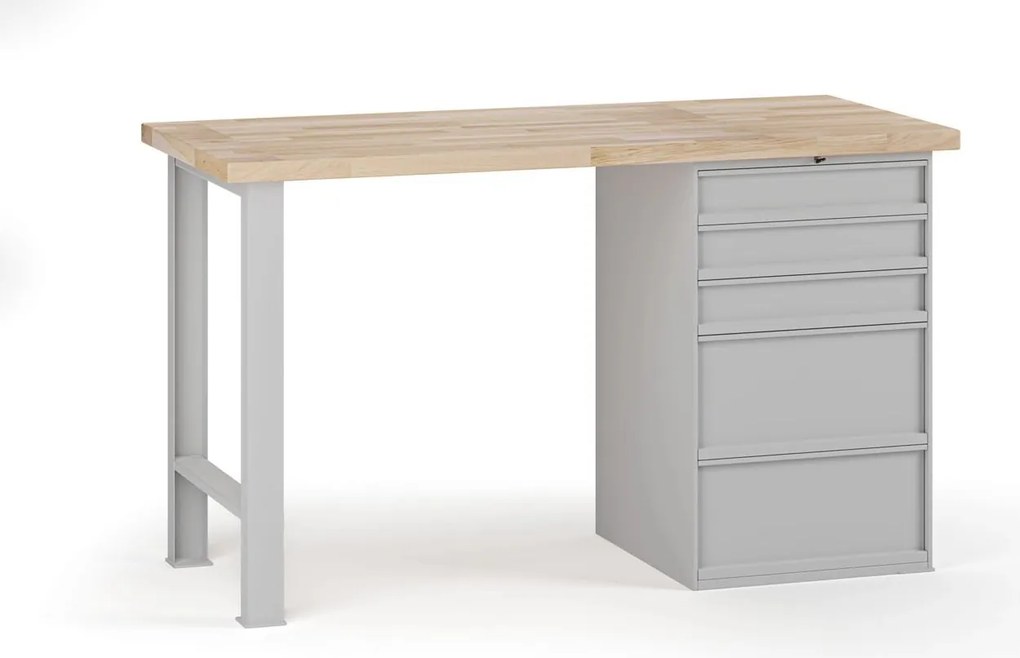 Dielenský pracovný stôl G7, buková škárovka, 1500 x 800 x 840 mm, 1x kontajner, 5 zásuviek, sivá