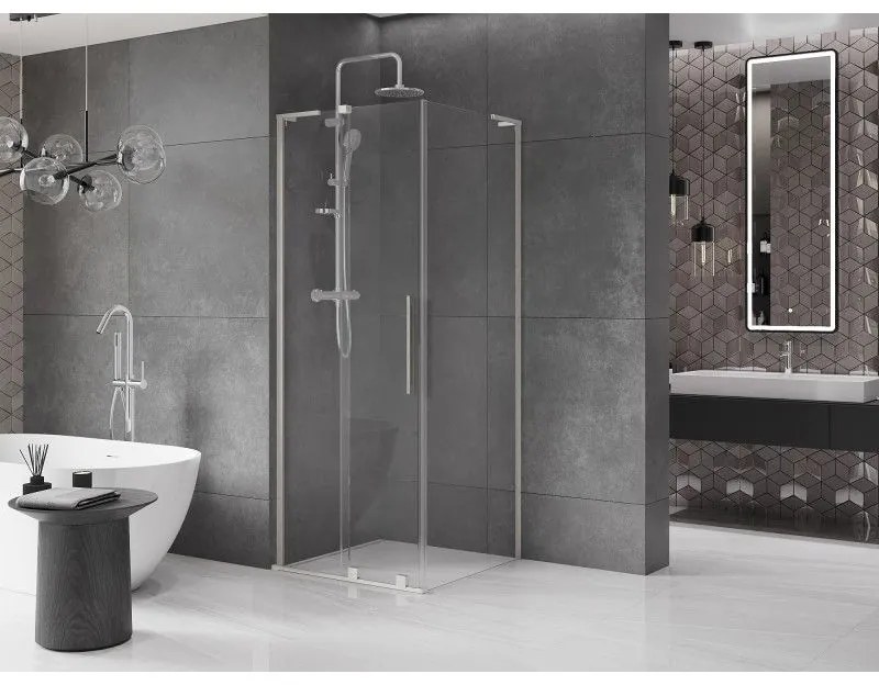 Mexen Velar L, sprchový kút s posuvnými dverami 120 x 120 cm, 8mm číre sklo, brúsená oceľ, 871-120-120-03-97