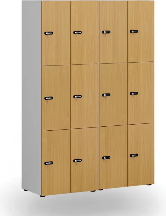 Drevená šatníková skrinka S4 s úložnými boxmi, 6 boxov, demont, mechanický kódový zámok, sivá/orech