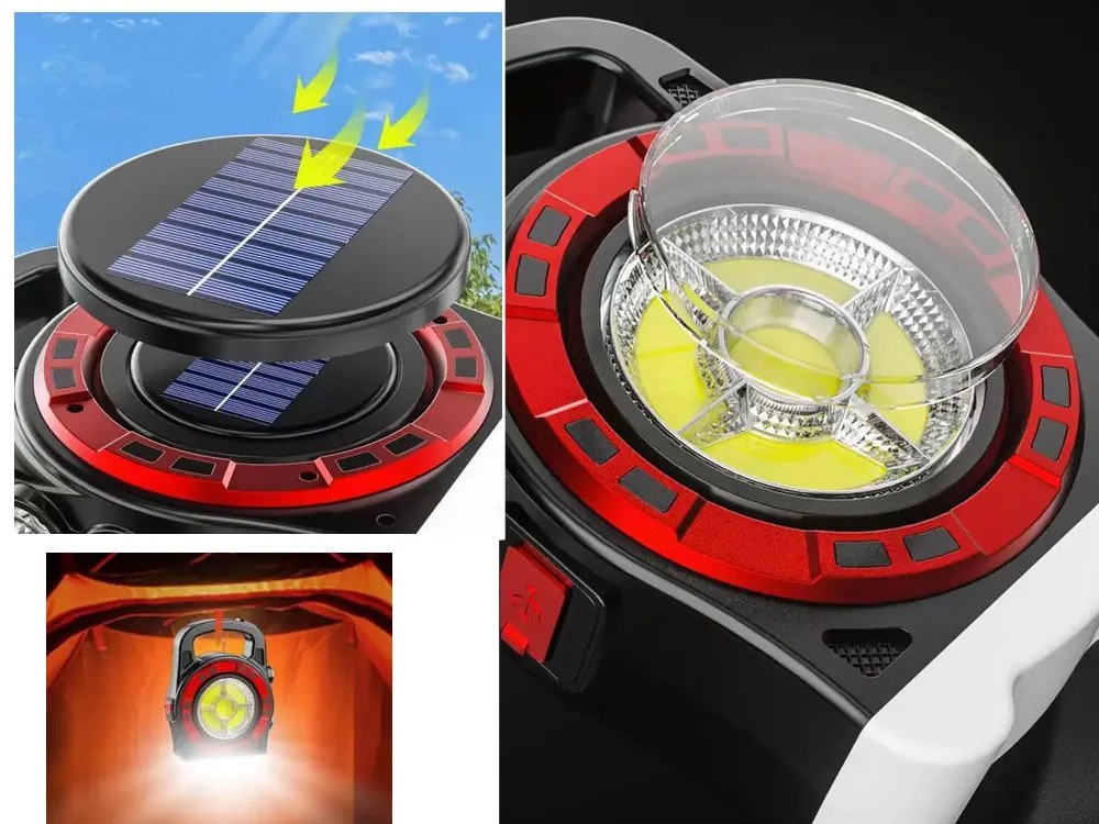 VERK Prenosné dobíjacie solárne LED svietidlo HB-6678C s funkciou powerbanky - červená